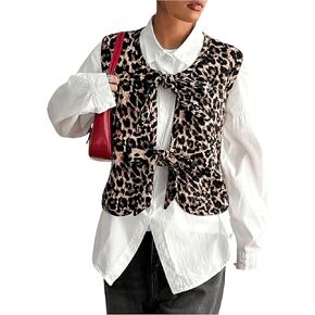 GORGLITTER Women's Leopard Print Knot Front Vest Jacket Crewneck Sleeveless Loose Coat