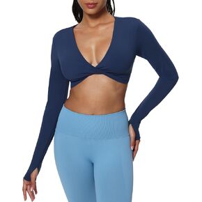 Aoxjox Long Sleeve Deep V Tops for Women Sienna Open Back-Long Sleeve Workout Crop T Shirt Top