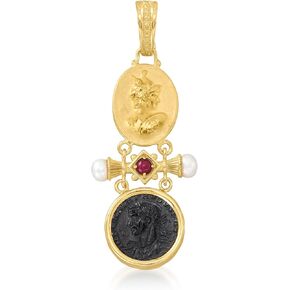 Ross-Simons Italian Tagliamonte Carved Black Onyx and .30 Carat Ruby Pendant With Cultured Pearls in 18kt Gold Over Sterling