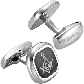 MasonicMan Men’s Stainless Steel Cufflinks with Black Carbon Fiber and Masonic Logo and Gift Pouch