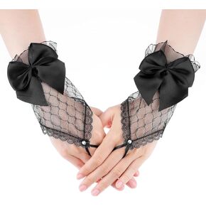 Lace Gloves for Women, Bow Rhinestone Lace Fingerless Gloves Black Mesh Sheer Short Wrist Cuff for Brides Ladies Lolita Wedding Opera Tea Party Costume Decor