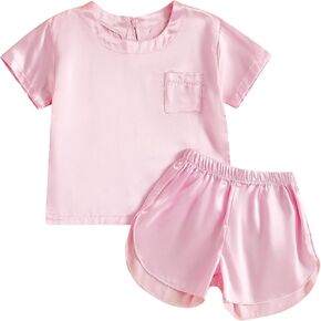 Qiylii Kids Toddler Girls Satin Pajamas Short Sleeve Tops Shorts Summer Pjs 2-Piece Solid Silk Pajama for Children Size 4-13