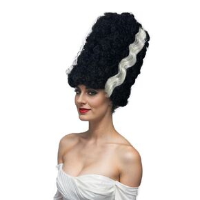 Long Black Curly Wig with White Streaks Goth Bride Wig Top Hat Two Tone Wig Halloween Cosplay Costume Wigs Women Men