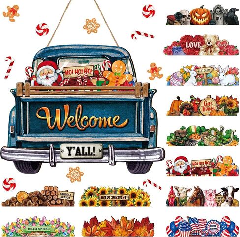 Ferraycle Interchangeable Christmas Welcome Sign for Front Door Farmhouse Truck Decor Rustic Hanging Sign with 12 Interchangeable Seasonal Holiday Decor for Christmas Fall Thanksgiving(Cute Color) in Kuwait