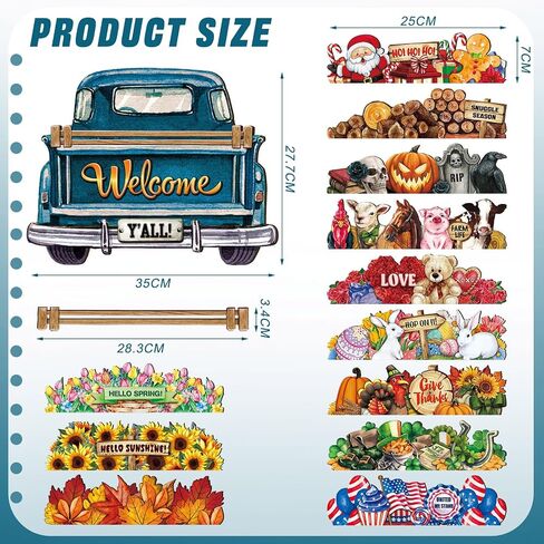 Ferraycle Interchangeable Christmas Welcome Sign for Front Door Farmhouse Truck Decor Rustic Hanging Sign with 12 Interchangeable Seasonal Holiday Decor for Christmas Fall Thanksgiving(Cute Color) in Kuwait