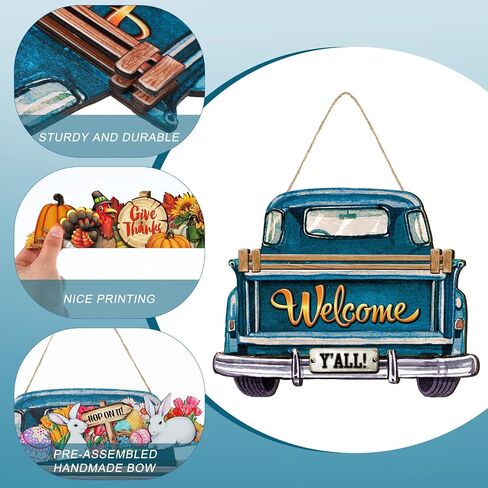 Ferraycle Interchangeable Christmas Welcome Sign for Front Door Farmhouse Truck Decor Rustic Hanging Sign with 12 Interchangeable Seasonal Holiday Decor for Christmas Fall Thanksgiving(Cute Color) in Kuwait