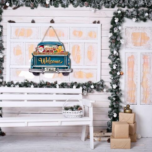 Ferraycle Interchangeable Christmas Welcome Sign for Front Door Farmhouse Truck Decor Rustic Hanging Sign with 12 Interchangeable Seasonal Holiday Decor for Christmas Fall Thanksgiving(Cute Color) in Kuwait