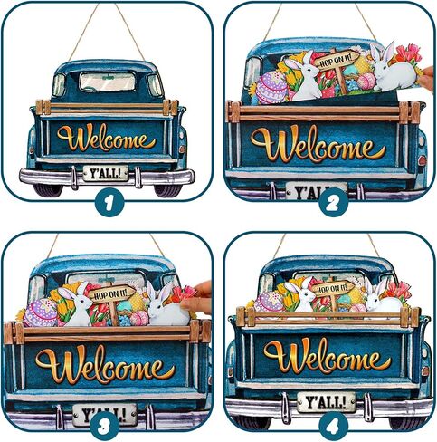Ferraycle Interchangeable Christmas Welcome Sign for Front Door Farmhouse Truck Decor Rustic Hanging Sign with 12 Interchangeable Seasonal Holiday Decor for Christmas Fall Thanksgiving(Cute Color) in Kuwait
