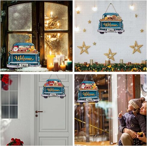 Ferraycle Interchangeable Christmas Welcome Sign for Front Door Farmhouse Truck Decor Rustic Hanging Sign with 12 Interchangeable Seasonal Holiday Decor for Christmas Fall Thanksgiving(Cute Color) in Kuwait
