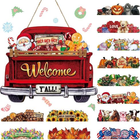 Ferraycle Interchangeable Christmas Welcome Sign for Front Door Farmhouse Truck Decor Rustic Hanging Sign with 12 Interchangeable Seasonal Holiday Decor for Christmas Fall Thanksgiving(Cute Color) in Kuwait