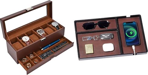 ProCase Watch Box for Men Bundle with Wood Valet Tray with Removable Leather Pad in Saudi Arabia