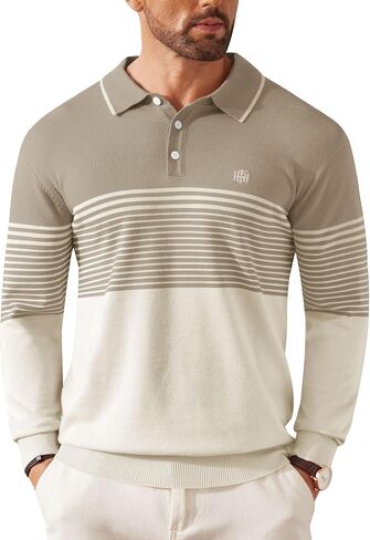 Mens Knit Polo Sweater Long Sleeve Striped Casual Button Golf Shirt (S-XXL) in Saudi Arabia