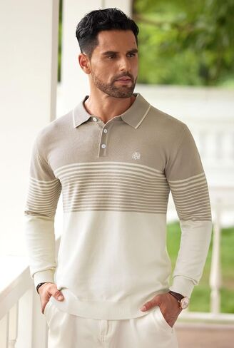 Mens Knit Polo Sweater Long Sleeve Striped Casual Button Golf Shirt (S-XXL) in Saudi Arabia