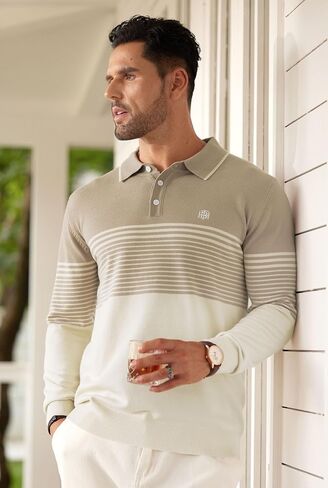 Mens Knit Polo Sweater Long Sleeve Striped Casual Button Golf Shirt (S-XXL) in Saudi Arabia