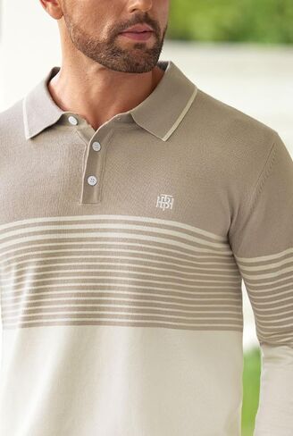 Mens Knit Polo Sweater Long Sleeve Striped Casual Button Golf Shirt (S-XXL) in Saudi Arabia