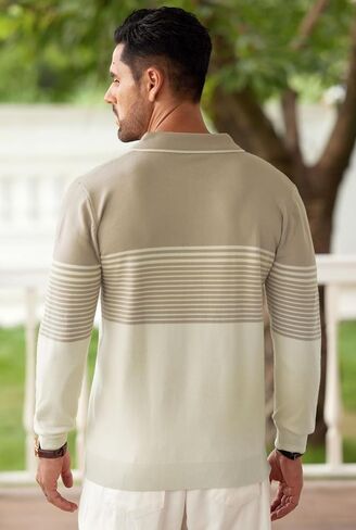 Mens Knit Polo Sweater Long Sleeve Striped Casual Button Golf Shirt (S-XXL) in Saudi Arabia