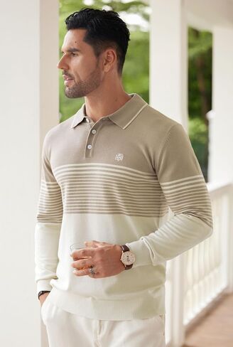 Mens Knit Polo Sweater Long Sleeve Striped Casual Button Golf Shirt (S-XXL) in Saudi Arabia