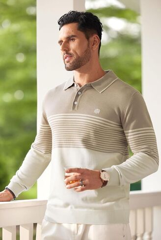 Mens Knit Polo Sweater Long Sleeve Striped Casual Button Golf Shirt (S-XXL) in Saudi Arabia