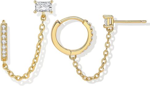 Double Piercing Earrings 18K Gold Plated Chain Earrings for Women S925 Sterling Silver Double Piercing Dangle Chain Huggie Hoop Earrings Women's 5A Cubic Zirconia Stud Earrings in Kuwait