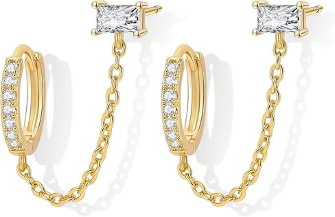 Double Piercing Earrings 18K Gold Plated Chain Earrings for Women S925 Sterling Silver Double Piercing Dangle Chain Huggie Hoop Earrings Women's 5A Cubic Zirconia Stud Earrings in Kuwait