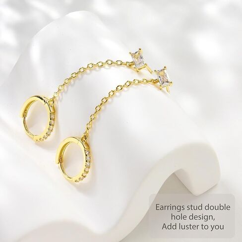 Double Piercing Earrings 18K Gold Plated Chain Earrings for Women S925 Sterling Silver Double Piercing Dangle Chain Huggie Hoop Earrings Women's 5A Cubic Zirconia Stud Earrings in Kuwait