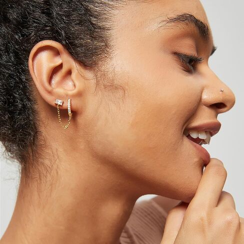 Double Piercing Earrings 18K Gold Plated Chain Earrings for Women S925 Sterling Silver Double Piercing Dangle Chain Huggie Hoop Earrings Women's 5A Cubic Zirconia Stud Earrings in Kuwait