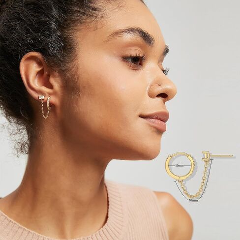 Double Piercing Earrings 18K Gold Plated Chain Earrings for Women S925 Sterling Silver Double Piercing Dangle Chain Huggie Hoop Earrings Women's 5A Cubic Zirconia Stud Earrings in Kuwait