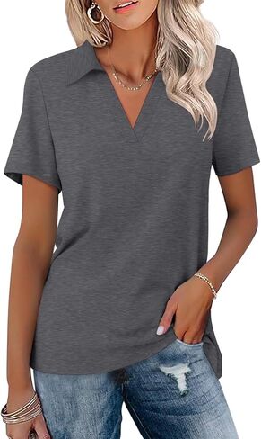 قمصان بولو نسائية من ORANDESIGNE بأكمام قصيرة ورقبة على شكل حرف V، قمصان صيفية بياقة كاجوال فضفاضة باللون الأرجواني in Kuwait