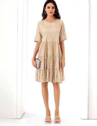 فستان صيفي بيبي دول مزين بالترتر، فستان قصير لامع براق، فستان تونيك قصير متدرج للنساء للحفلات الليلية in Kuwait