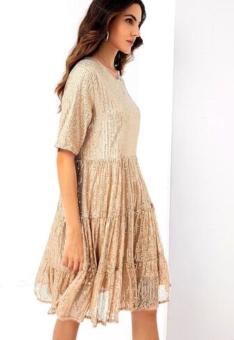 فستان صيفي بيبي دول مزين بالترتر، فستان قصير لامع براق، فستان تونيك قصير متدرج للنساء للحفلات الليلية in Kuwait