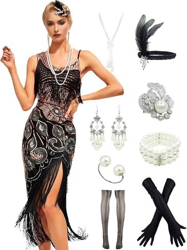 1920s Flapper Gatsby Sequined Peacock Pattern Dress Women Long Fringed Art Deco Dress w/ 20s Accessories Costume Set in Kuwait