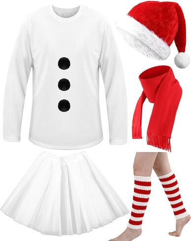 Liitrsh 6 قطع أزياء رجل الثلج للبالغين للنساء تتضمن تي شيرت أبيض وتنورة توتو وقبعة عيد الميلاد ووشاح وأكمام ساق الساق لحفلات عيد الميلاد التنكرية، مقاس واحد in Kuwait