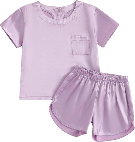 Qiylii Kids Toddler Girls Satin Pajamas Short Sleeve Tops Shorts Summer Pjs 2-Piece Solid Silk Pajama for Children Size 4-13 in Saudi Arabia