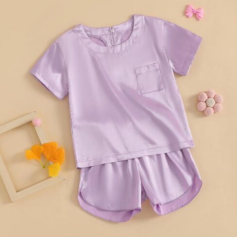 Qiylii Kids Toddler Girls Satin Pajamas Short Sleeve Tops Shorts Summer Pjs 2-Piece Solid Silk Pajama for Children Size 4-13 in Saudi Arabia