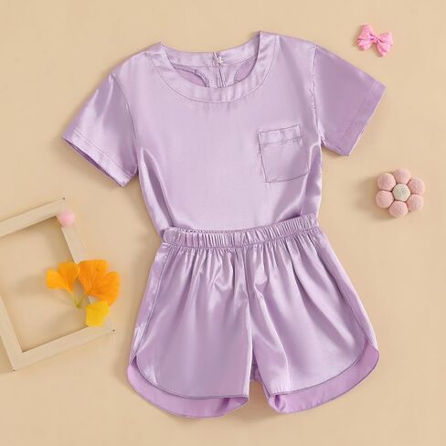 Qiylii Kids Toddler Girls Satin Pajamas Short Sleeve Tops Shorts Summer Pjs 2-Piece Solid Silk Pajama for Children Size 4-13 in Saudi Arabia