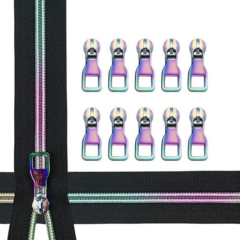 Zynzaoacs #5 Rainbow Zipper by The Yard with Pulls, Aqua Zipper Tape with Rainbow Teeth(5Yds) and Rainbow Metal Zipper Pulls(10Pcs, TypeB), Colorful Nylon Coil Zippers for Sewing Purse,Bag,Jacket in Saudi Arabia