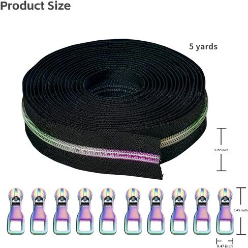 Zynzaoacs #5 Rainbow Zipper by The Yard with Pulls, Aqua Zipper Tape with Rainbow Teeth(5Yds) and Rainbow Metal Zipper Pulls(10Pcs, TypeB), Colorful Nylon Coil Zippers for Sewing Purse,Bag,Jacket in Saudi Arabia