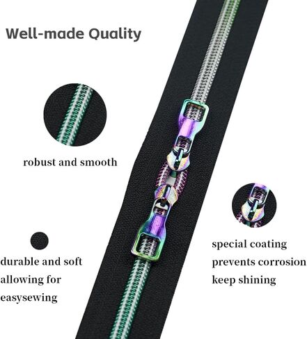 Zynzaoacs #5 Rainbow Zipper by The Yard with Pulls, Aqua Zipper Tape with Rainbow Teeth(5Yds) and Rainbow Metal Zipper Pulls(10Pcs, TypeB), Colorful Nylon Coil Zippers for Sewing Purse,Bag,Jacket in Saudi Arabia
