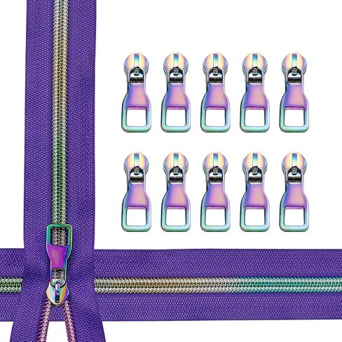 Zynzaoacs #5 Rainbow Zipper by The Yard with Pulls, Aqua Zipper Tape with Rainbow Teeth(5Yds) and Rainbow Metal Zipper Pulls(10Pcs, TypeB), Colorful Nylon Coil Zippers for Sewing Purse,Bag,Jacket in Saudi Arabia