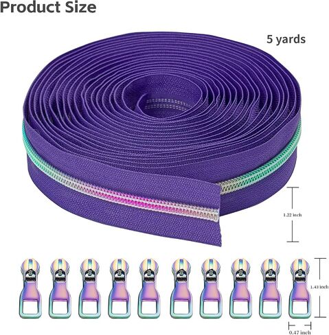Zynzaoacs #5 Rainbow Zipper by The Yard with Pulls, Aqua Zipper Tape with Rainbow Teeth(5Yds) and Rainbow Metal Zipper Pulls(10Pcs, TypeB), Colorful Nylon Coil Zippers for Sewing Purse,Bag,Jacket in Saudi Arabia
