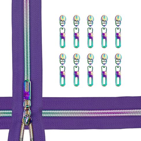 Zynzaoacs #5 Rainbow Zipper by The Yard with Pulls, Aqua Zipper Tape with Rainbow Teeth(5Yds) and Rainbow Metal Zipper Pulls(10Pcs, TypeB), Colorful Nylon Coil Zippers for Sewing Purse,Bag,Jacket in Saudi Arabia