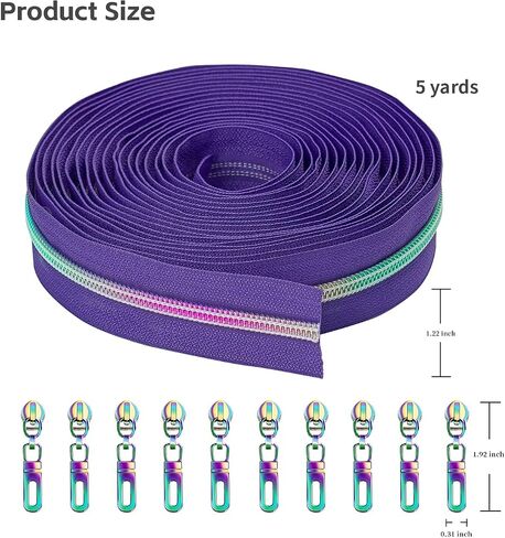 Zynzaoacs #5 Rainbow Zipper by The Yard with Pulls, Aqua Zipper Tape with Rainbow Teeth(5Yds) and Rainbow Metal Zipper Pulls(10Pcs, TypeB), Colorful Nylon Coil Zippers for Sewing Purse,Bag,Jacket in Saudi Arabia