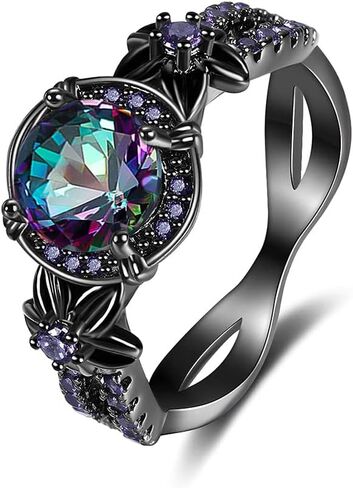 Gothic Black Rings for Women, Mystic Rainbow Topaz with Created Amethyst Flower Goth Black Gold Wedding Engagement Ring Size 6 to 11 in Saudi Arabia