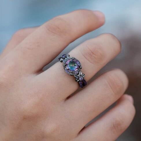 Gothic Black Rings for Women, Mystic Rainbow Topaz with Created Amethyst Flower Goth Black Gold Wedding Engagement Ring Size 6 to 11 in Saudi Arabia