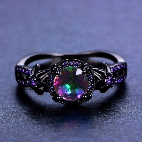 Gothic Black Rings for Women, Mystic Rainbow Topaz with Created Amethyst Flower Goth Black Gold Wedding Engagement Ring Size 6 to 11 in Saudi Arabia