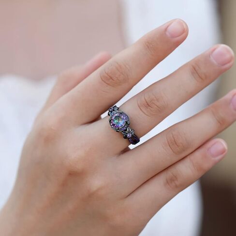 Gothic Black Rings for Women, Mystic Rainbow Topaz with Created Amethyst Flower Goth Black Gold Wedding Engagement Ring Size 6 to 11 in Saudi Arabia