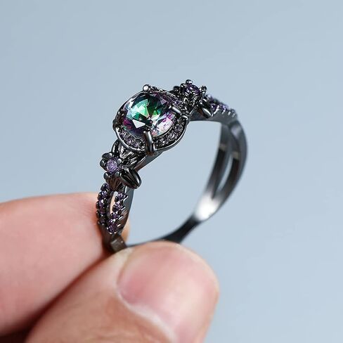 Gothic Black Rings for Women, Mystic Rainbow Topaz with Created Amethyst Flower Goth Black Gold Wedding Engagement Ring Size 6 to 11 in Saudi Arabia