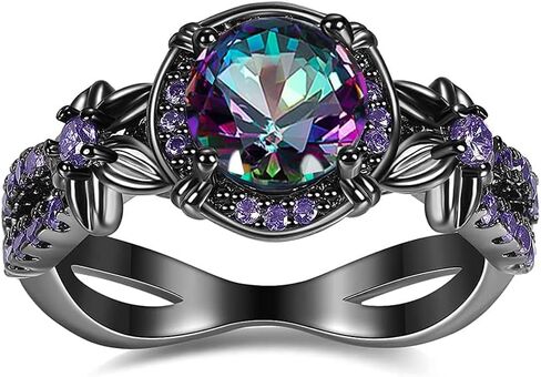 Gothic Black Rings for Women, Mystic Rainbow Topaz with Created Amethyst Flower Goth Black Gold Wedding Engagement Ring Size 6 to 11 in Saudi Arabia