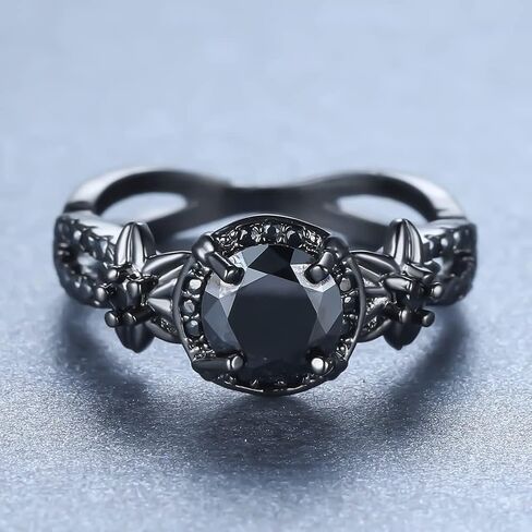 Gothic Black Rings for Women, Mystic Rainbow Topaz with Created Amethyst Flower Goth Black Gold Wedding Engagement Ring Size 6 to 11 in Saudi Arabia