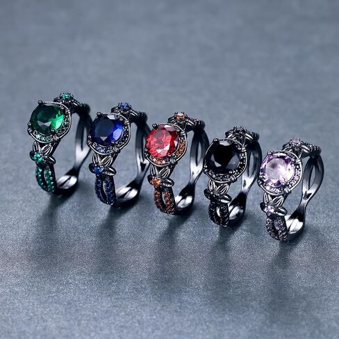 Gothic Black Rings for Women, Mystic Rainbow Topaz with Created Amethyst Flower Goth Black Gold Wedding Engagement Ring Size 6 to 11 in Saudi Arabia